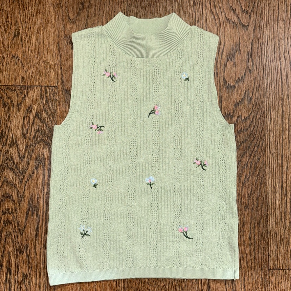 Zara Floral Embroidered Turtleneck Tank Top